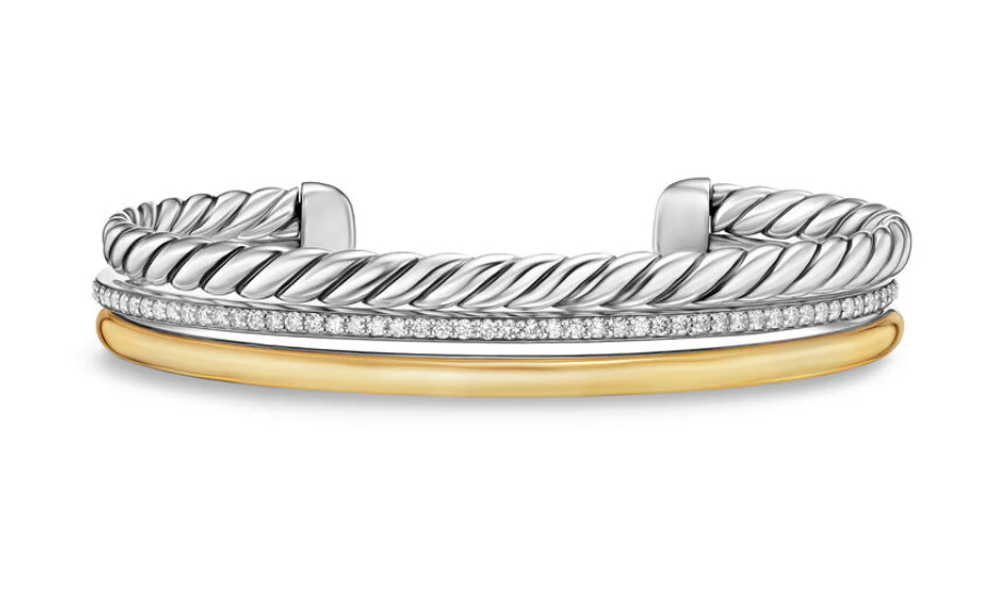 David Yurman Mercer™ Three Row Cuff Bracelet In Sterling Silver With 18k Yellow Gold And Diamonds, 10mm - Image 2