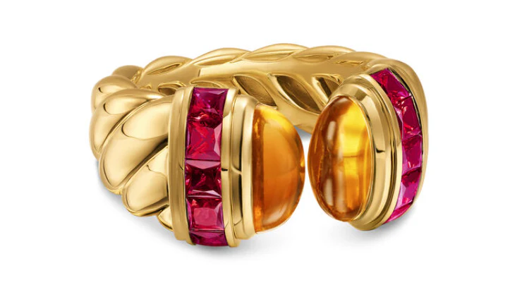 David Yurman Sculpted Cable Open Cocktail Ring In 18k Yellow Gold With Madeira Citrine And Rubellites, 12.4mm - Image 2