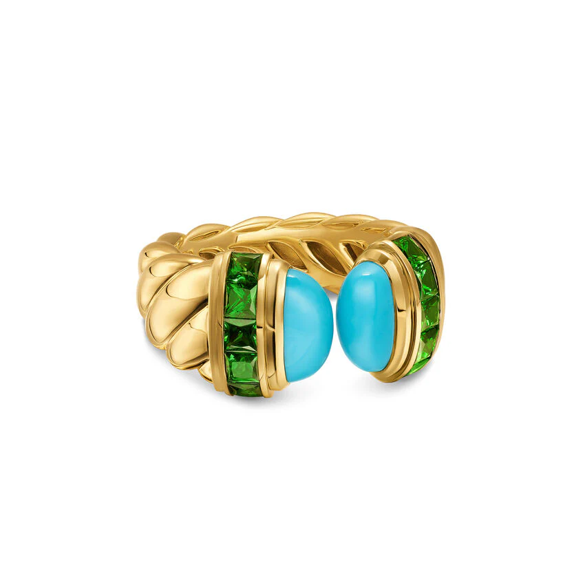 David Yurman Sculpted Cable Open Cocktail Ring In 18k Yellow Gold With Turquoise And Tsavorites, 12.4mm - Image 2