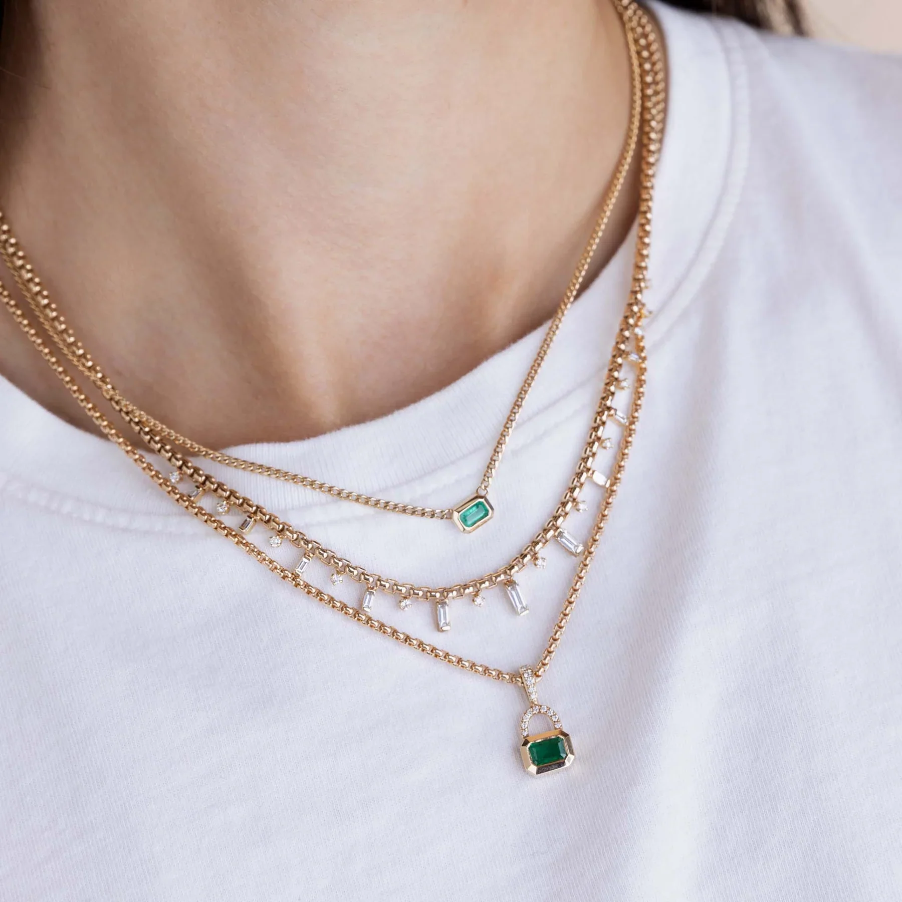 14k Yellow Gold Emerald "Lock" Chain Necklace - Image 2