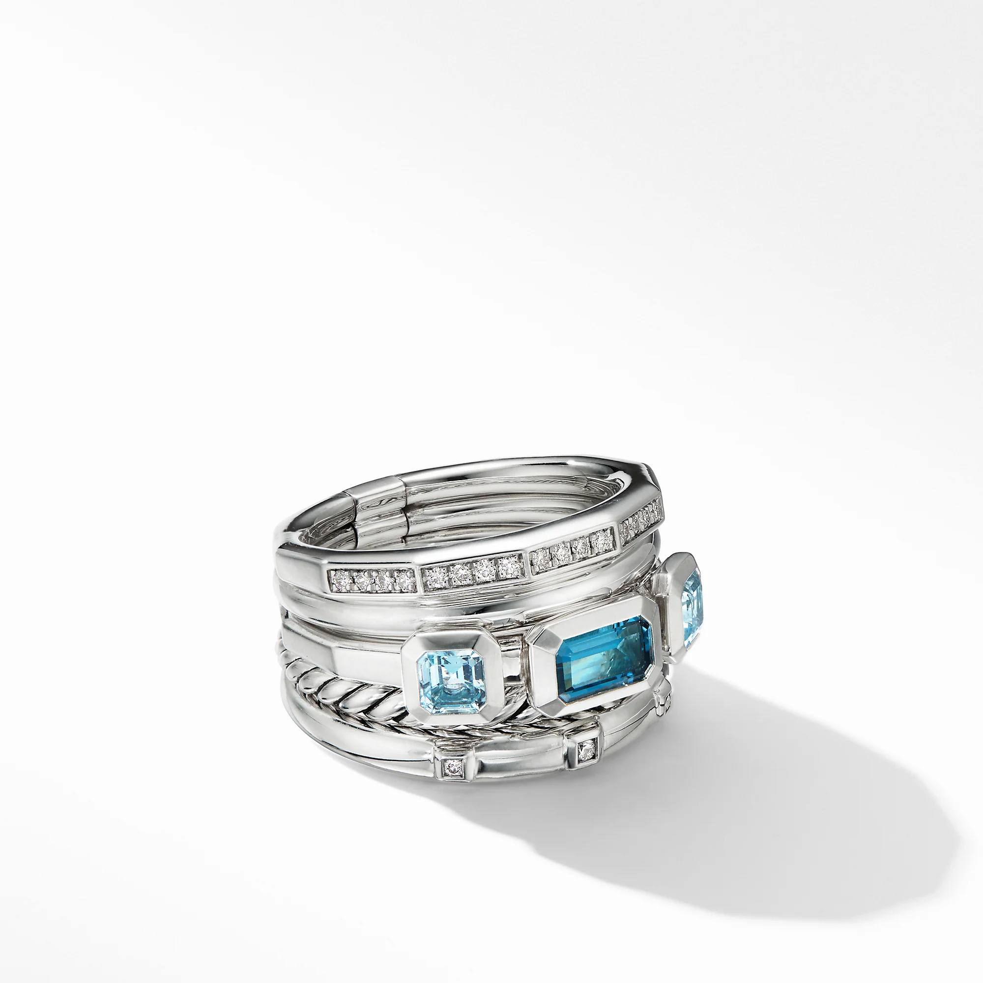 David Yurman Stax Five Row Ring In Sterling Silver With Hampton Blue Topaz And Diamonds, 15mm