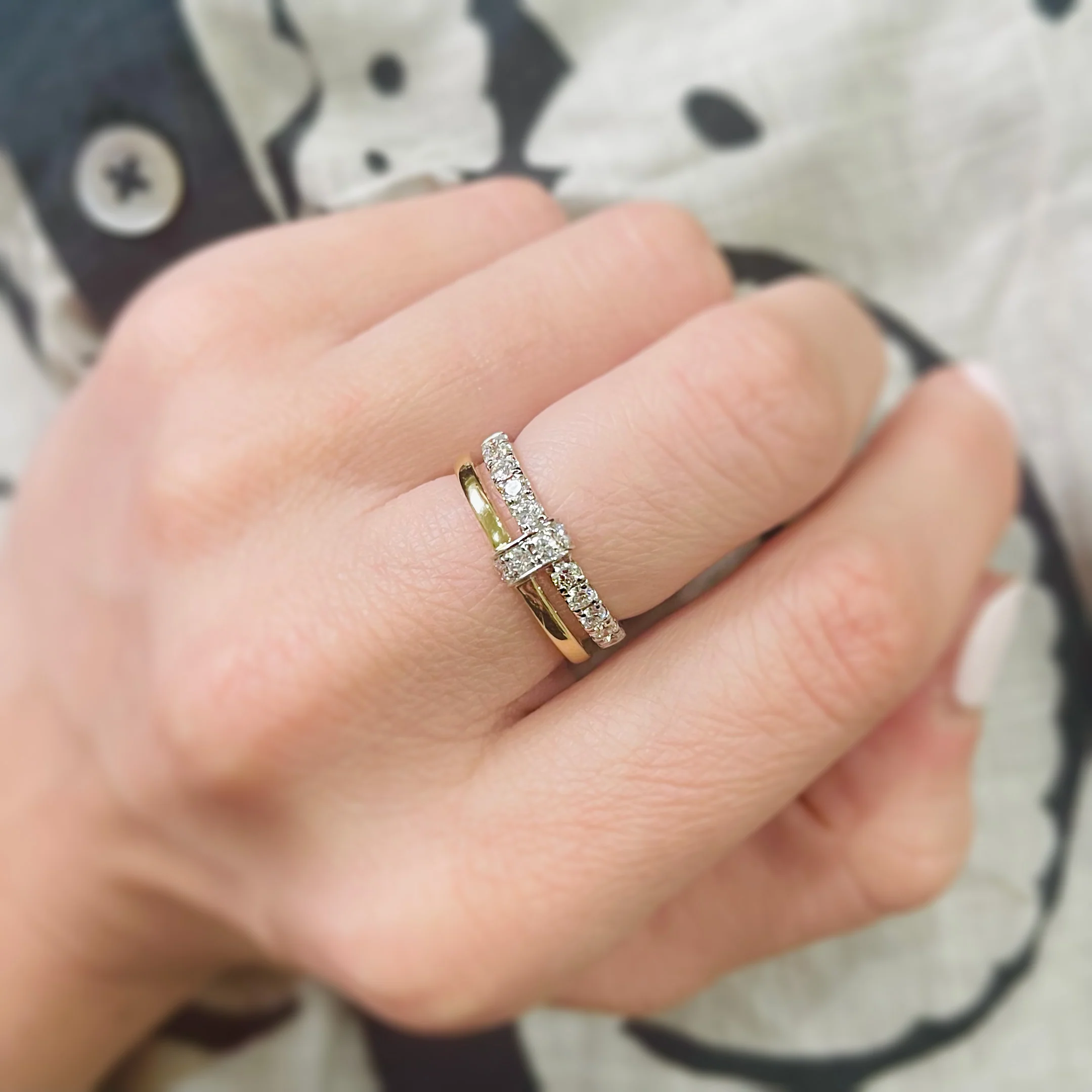 18k Yellow & White Gold Diamond Two Row Ring - Image 2