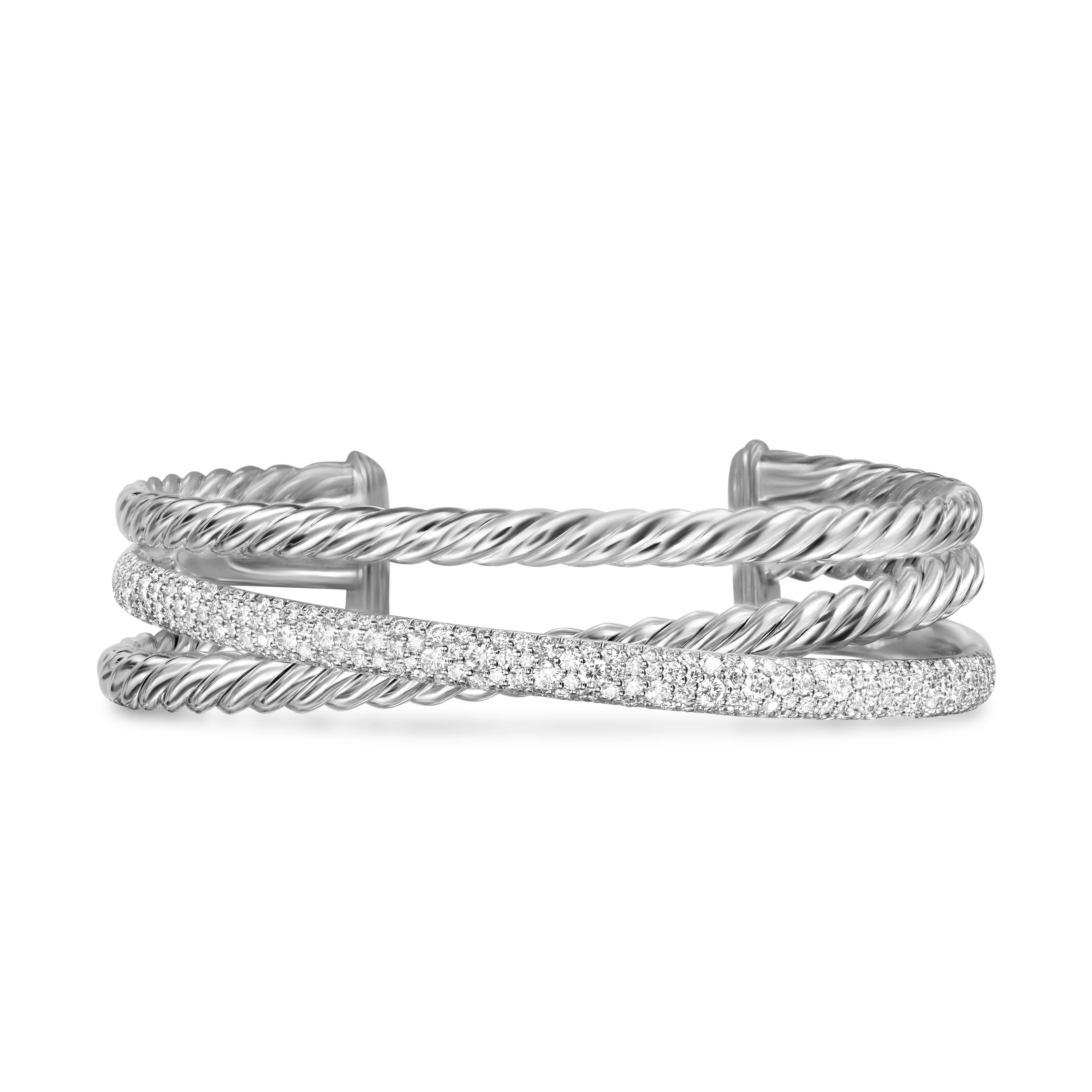 David Yurman Crossover Three Row Cuff Bracelet In Sterling Silver With Diamonds, 20mm - Image 2
