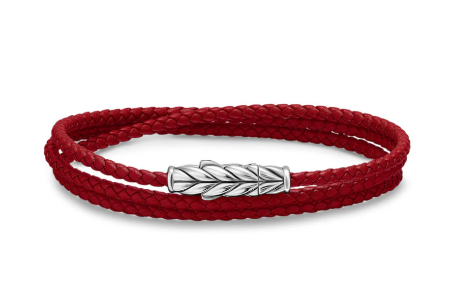 David Yurman Chevron Triple Wrap Bracelet In Red Leather With Sterling Silver, 3mm - Image 2