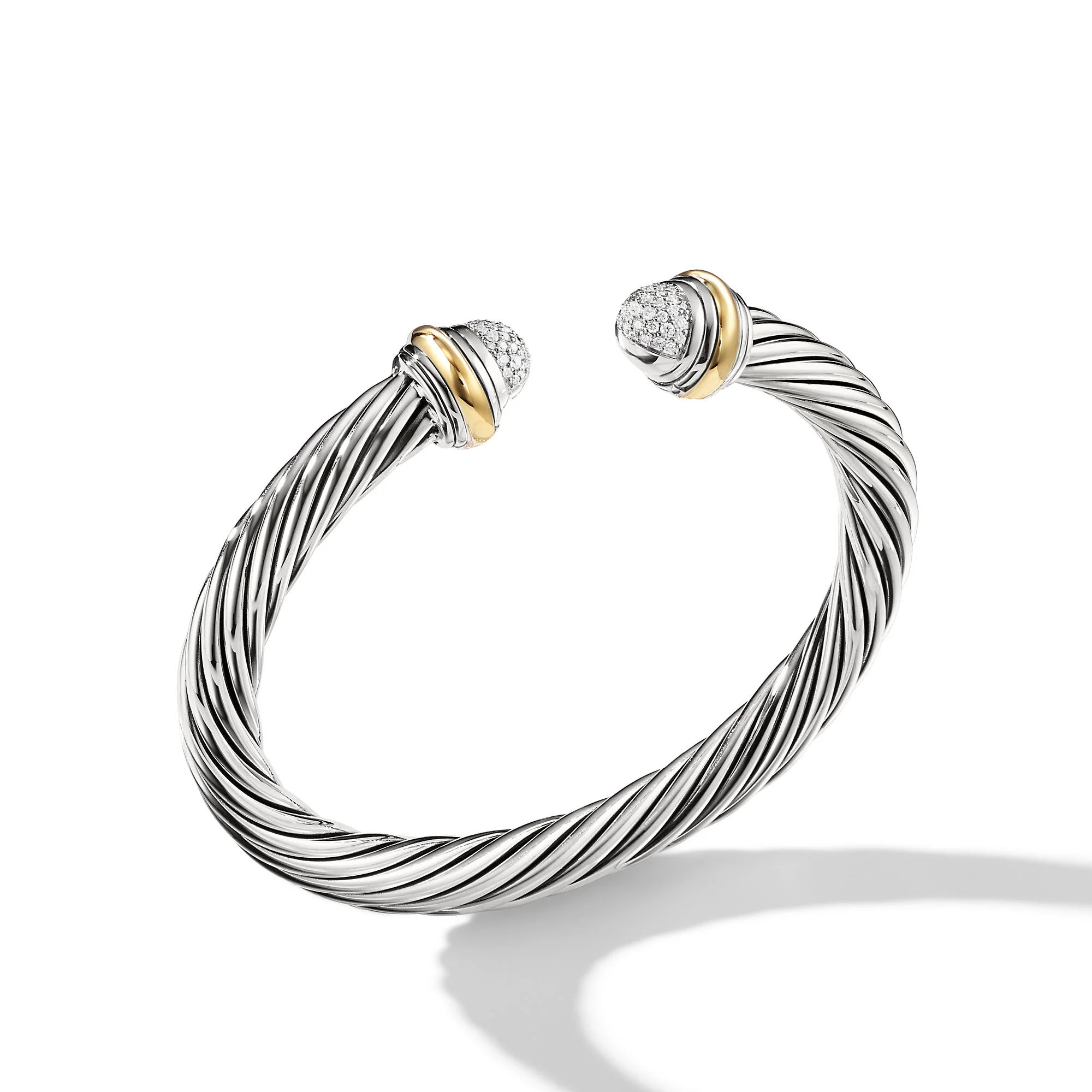 David Yurman Classic Cable Bracelet In Sterling Silver With 18k Yellow Gold And Pavé Diamond Domes, 7mm