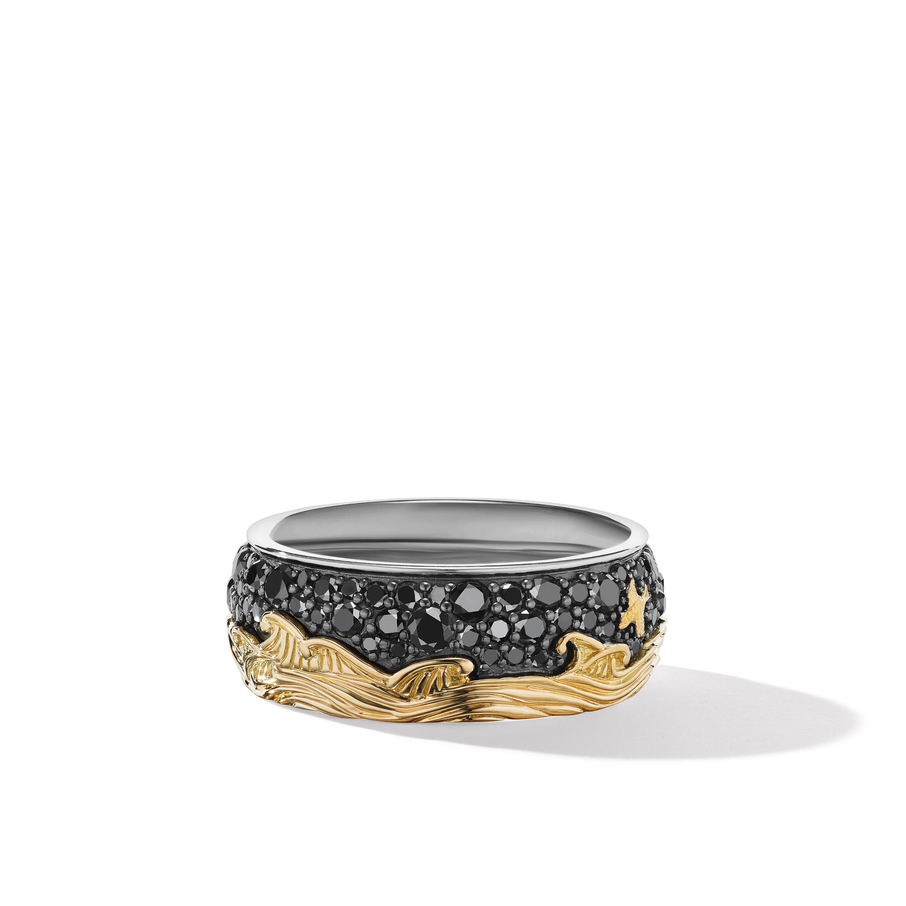 David Yurman Waves Band Ring In Sterling Silver With 18k Yellow Gold And Black Diamonds, 8.7mm - Image 2
