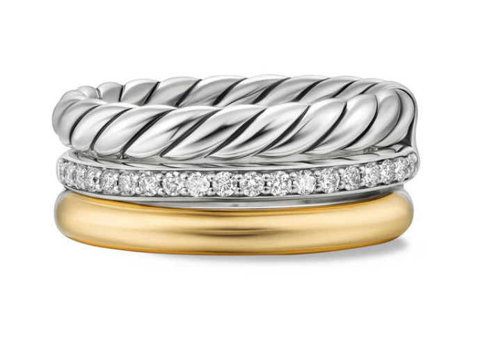 David Yurman Mercer® Three Row Ring In Sterling Silver With 18k Yellow Gold And Diamonds, 8.9mm - Image 2