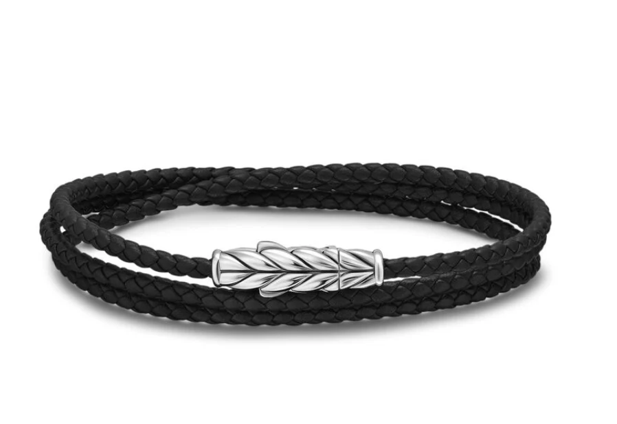 David Yurman Chevron Triple Wrap Bracelet In Black Leather With Sterling Silver, 3mm