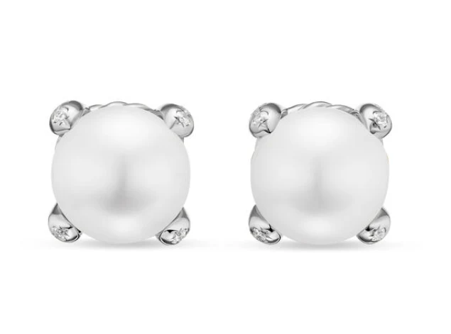 David Yurman Pearl Classics Stud Earrings In Sterling Silver And Diamonds, 6.6mm