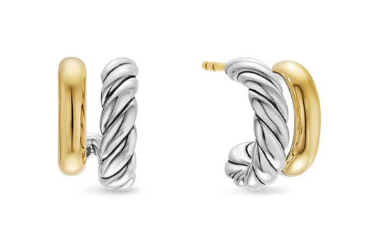 David Yurman Mercer Double Hoop Huggie Earrings In Sterling Silver With 18k Yellow Gold, 13.5mm - Image 2