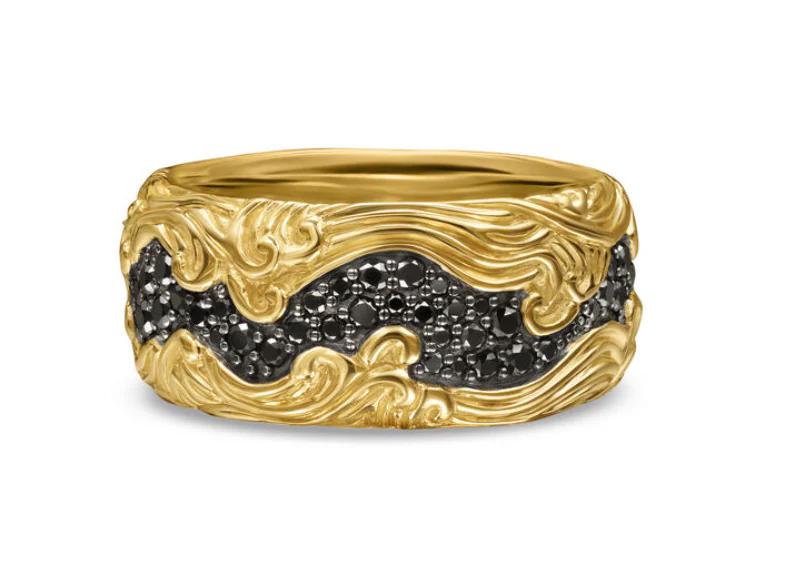 David Yurman Waves Pavé Band Ring In 18k Yellow Gold With Black Diamonds, 10.5mm - Image 2